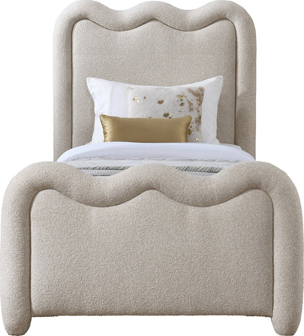 Meridian Furniture Gavin Chenille Upholstered Twin Bed Art Deco Curved Headboard Slatted Support Glam Bedroom Frame Beige GavinBeige-T