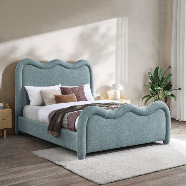 Meridian Furniture Gavin Art Deco King Bed Chenille Upholstered Curved Headboard Footboard Platform Frame Blue GavinBlue-K