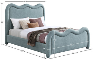 Meridian Furniture Gavin Art Deco Queen Bed Curved Chenille Upholstered Frame for Stylish Modern Bedroom Blue GavinBlue-Q