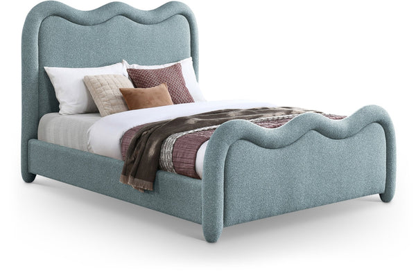 Meridian Furniture Gavin Art Deco Queen Bed Curved Chenille Upholstered Frame for Stylish Modern Bedroom Blue GavinBlue-Q