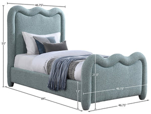 Meridian Furniture Gavin Chenille Upholstered Twin Bed Art Deco Curved Headboard Slatted Support Glam Bedroom Frame Blue GavinBlue-T