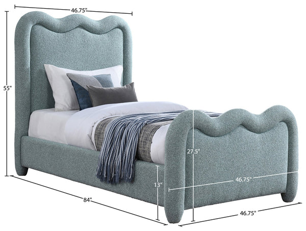 Meridian Furniture Gavin Chenille Upholstered Twin Bed Art Deco Curved Headboard Slatted Support Glam Bedroom Frame Blue GavinBlue-T