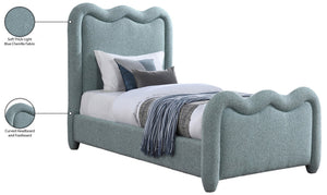 Meridian Furniture Gavin Chenille Upholstered Twin Bed Art Deco Curved Headboard Slatted Support Glam Bedroom Frame Blue GavinBlue-T