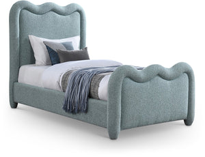 Meridian Furniture Gavin Chenille Upholstered Twin Bed Art Deco Curved Headboard Slatted Support Glam Bedroom Frame Blue GavinBlue-T