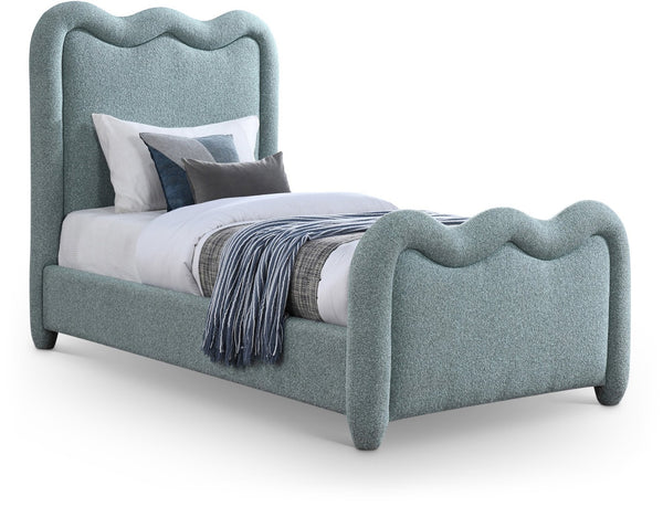 Meridian Furniture Gavin Chenille Upholstered Twin Bed Art Deco Curved Headboard Slatted Support Glam Bedroom Frame Blue GavinBlue-T