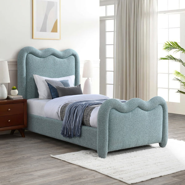Meridian Furniture Gavin Chenille Upholstered Twin Bed Art Deco Curved Headboard Slatted Support Glam Bedroom Frame Blue GavinBlue-T