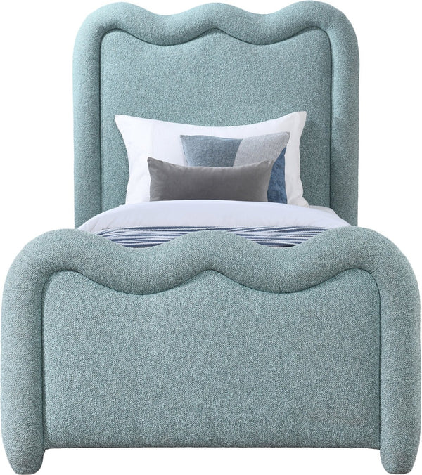 Meridian Furniture Gavin Chenille Upholstered Twin Bed Art Deco Curved Headboard Slatted Support Glam Bedroom Frame Blue GavinBlue-T