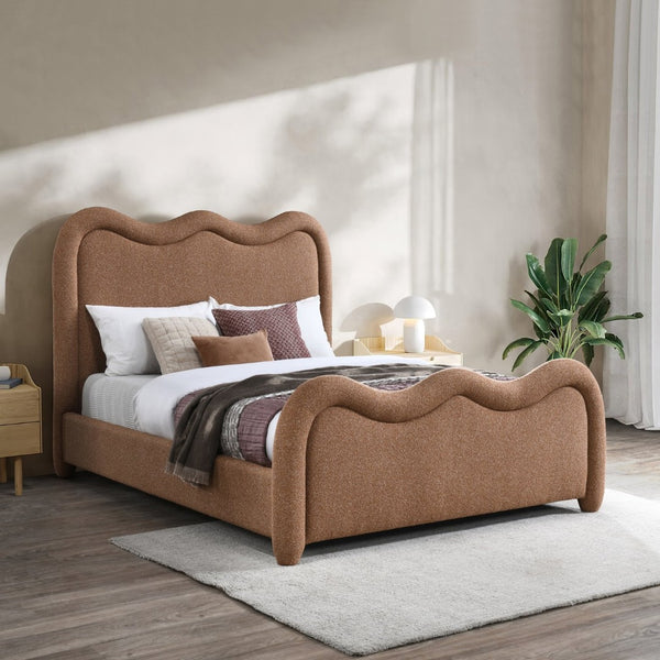 Meridian Furniture Gavin Art Deco King Bed Chenille Upholstered Curved Headboard Footboard Platform Frame Cognac GavinCognac-K