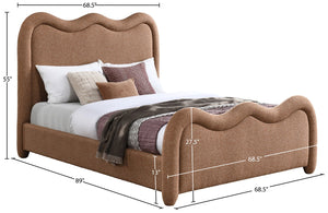 Meridian Furniture Gavin Art Deco Queen Bed Curved Chenille Upholstered Frame for Stylish Modern Bedroom Cognac GavinCognac-Q