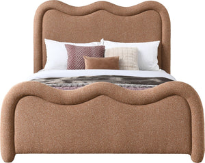 Meridian Furniture Gavin Art Deco Queen Bed Curved Chenille Upholstered Frame for Stylish Modern Bedroom Cognac GavinCognac-Q