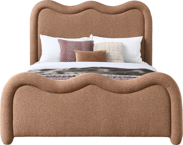 Meridian Furniture Gavin Art Deco Queen Bed Curved Chenille Upholstered Frame for Stylish Modern Bedroom Cognac GavinCognac-Q