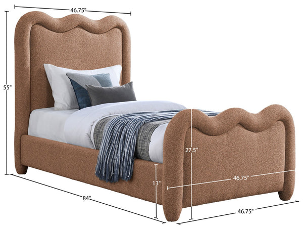 Meridian Furniture Gavin Chenille Upholstered Twin Bed Art Deco Curved Headboard Slatted Support Glam Bedroom Frame Cognac GavinCognac-T