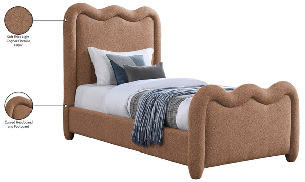 Meridian Furniture Gavin Chenille Upholstered Twin Bed Art Deco Curved Headboard Slatted Support Glam Bedroom Frame Cognac GavinCognac-T
