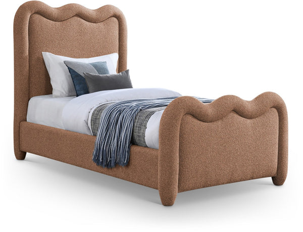 Meridian Furniture Gavin Chenille Upholstered Twin Bed Art Deco Curved Headboard Slatted Support Glam Bedroom Frame Cognac GavinCognac-T