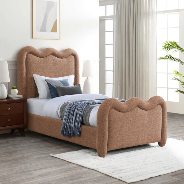 Meridian Furniture Gavin Chenille Upholstered Twin Bed Art Deco Curved Headboard Slatted Support Glam Bedroom Frame Cognac GavinCognac-T