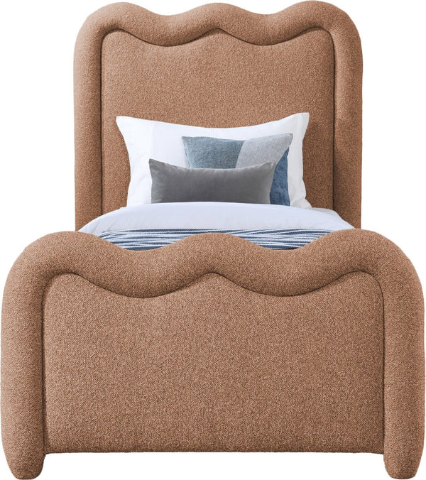 Meridian Furniture Gavin Chenille Upholstered Twin Bed Art Deco Curved Headboard Slatted Support Glam Bedroom Frame Cognac GavinCognac-T