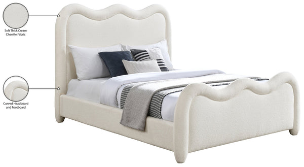 Meridian Furniture Gavin Art Deco King Bed Chenille Upholstered Curved Headboard Footboard Platform Frame Cream GavinCream-K