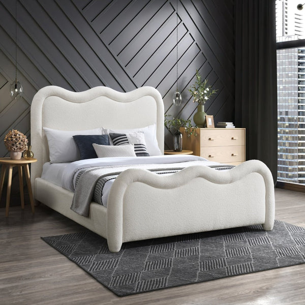 Meridian Furniture Gavin Art Deco King Bed Chenille Upholstered Curved Headboard Footboard Platform Frame Cream GavinCream-K