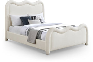 Meridian Furniture Gavin Art Deco Queen Bed Curved Chenille Upholstered Frame for Stylish Modern Bedroom Cream GavinCream-Q