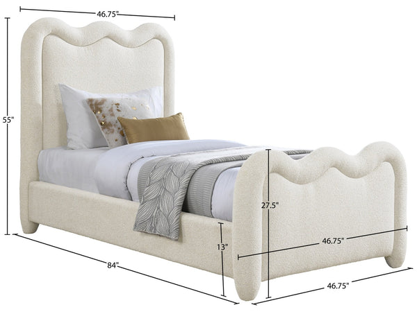 Meridian Furniture Gavin Chenille Upholstered Twin Bed Art Deco Curved Headboard Slatted Support Glam Bedroom Frame Cream GavinCream-T