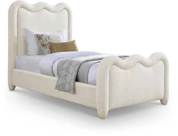 Meridian Furniture Gavin Chenille Upholstered Twin Bed Art Deco Curved Headboard Slatted Support Glam Bedroom Frame Cream GavinCream-T