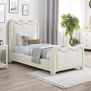 Meridian Furniture Gavin Chenille Upholstered Twin Bed Art Deco Curved Headboard Slatted Support Glam Bedroom Frame Cream GavinCream-T