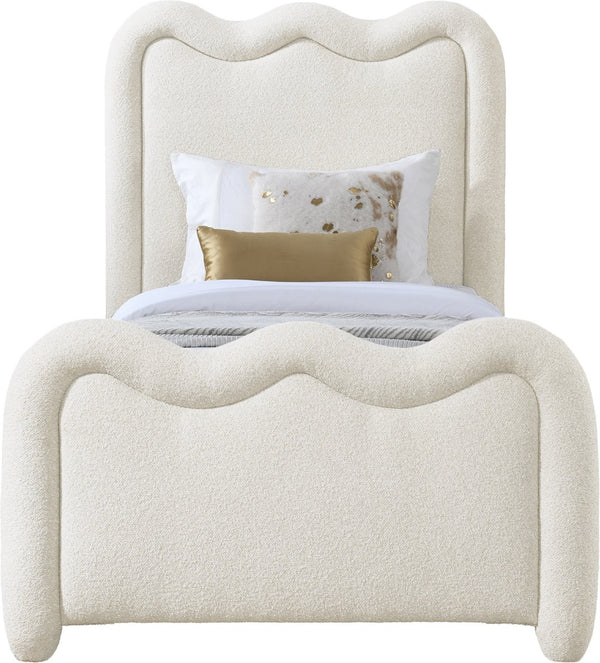 Meridian Furniture Gavin Chenille Upholstered Twin Bed Art Deco Curved Headboard Slatted Support Glam Bedroom Frame Cream GavinCream-T