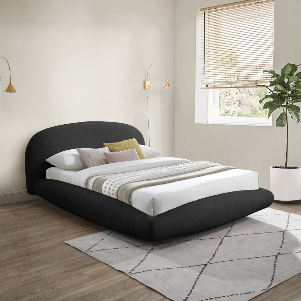 Meridian Furniture Genesis Faux Shearling Upholstered Full Bed Floating Low Profile Frame Rounded Headboard Black GenesisBlack-F