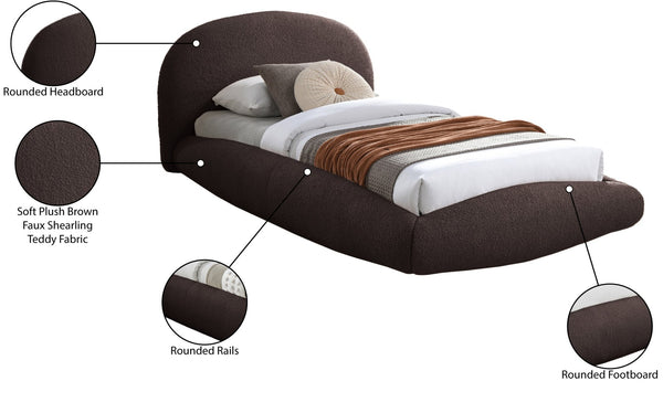 Meridian Furniture Genesis Faux Shearling Upholstered Twin Bed Plush Teddy Fabric Modern Floating Platform Frame Brown GenesisBrown-T