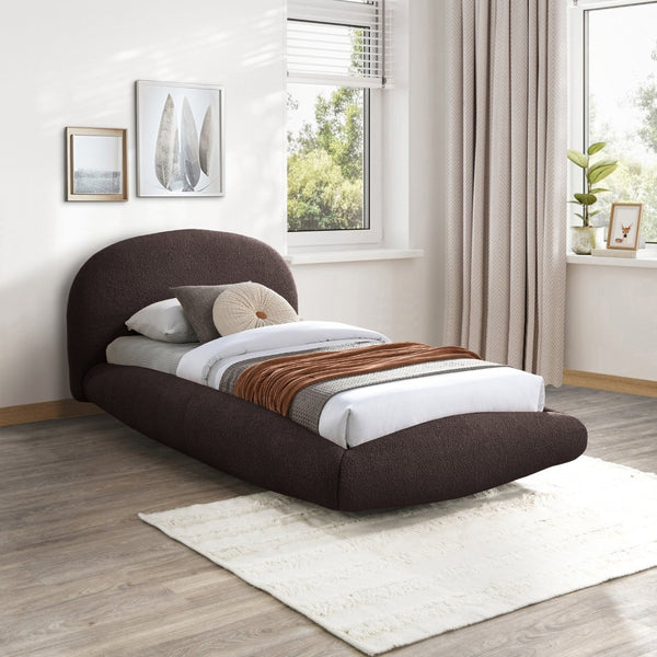 Meridian Furniture Genesis Faux Shearling Upholstered Twin Bed Plush Teddy Fabric Modern Floating Platform Frame Brown GenesisBrown-T