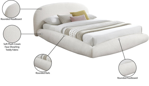 Meridian Furniture Genesis Faux Shearling Upholstered Full Bed Floating Low Profile Frame Rounded Headboard Cream GenesisCream-F