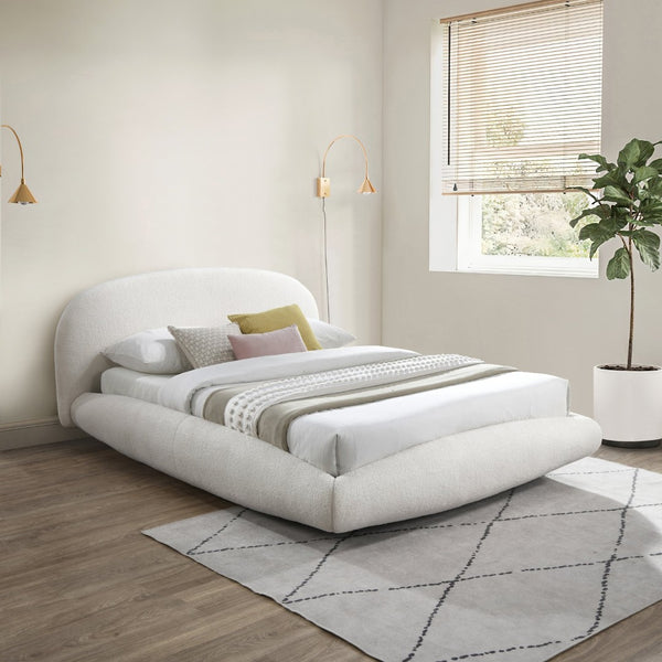 Meridian Furniture Genesis Upholstered Queen Platform Bed Floating Low Profile Plush Sherpa Bedroom Frame Cream GenesisCream-Q