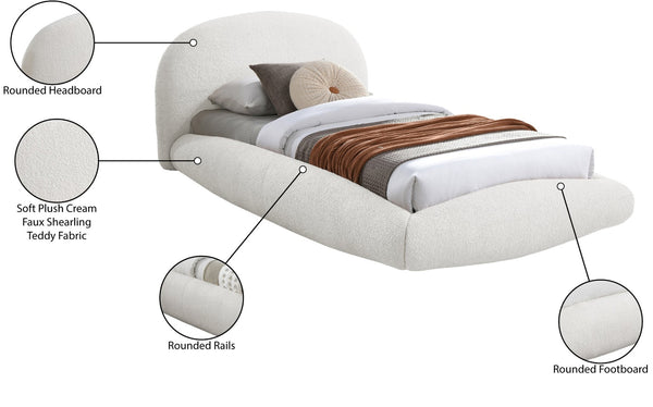 Meridian Furniture Genesis Faux Shearling Upholstered Twin Bed Plush Teddy Fabric Modern Floating Platform Frame Cream GenesisCream-T