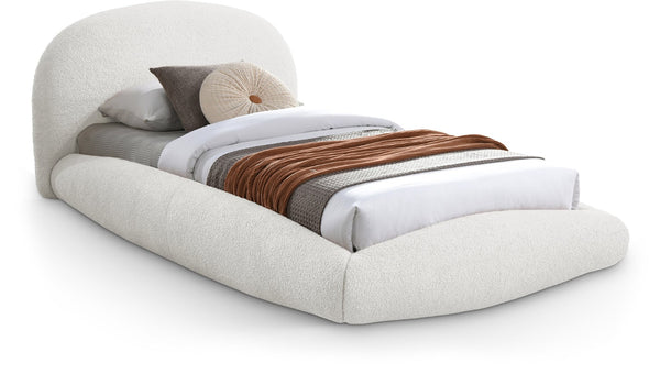 Meridian Furniture Genesis Faux Shearling Upholstered Twin Bed Plush Teddy Fabric Modern Floating Platform Frame Cream GenesisCream-T