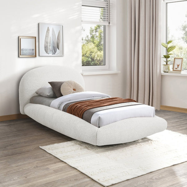 Meridian Furniture Genesis Faux Shearling Upholstered Twin Bed Plush Teddy Fabric Modern Floating Platform Frame Cream GenesisCream-T