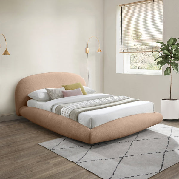 Meridian Furniture Genesis Plush Teddy Upholstered King Bed with Floating Base and Sculptural Wraparound Frame Beige GenesisTan-K