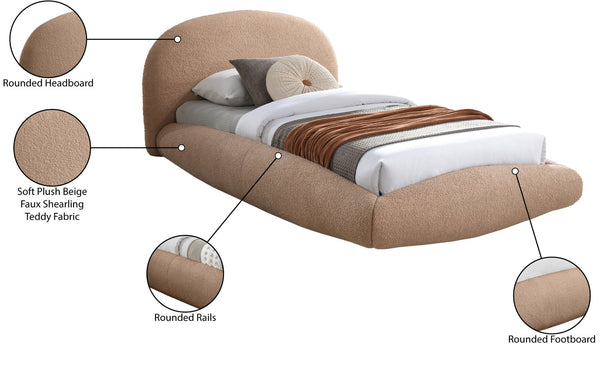 Meridian Furniture Genesis Faux Shearling Upholstered Twin Bed Plush Teddy Fabric Modern Floating Platform Frame Beige GenesisTan-T