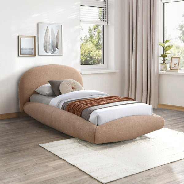 Meridian Furniture Genesis Faux Shearling Upholstered Twin Bed Plush Teddy Fabric Modern Floating Platform Frame Beige GenesisTan-T