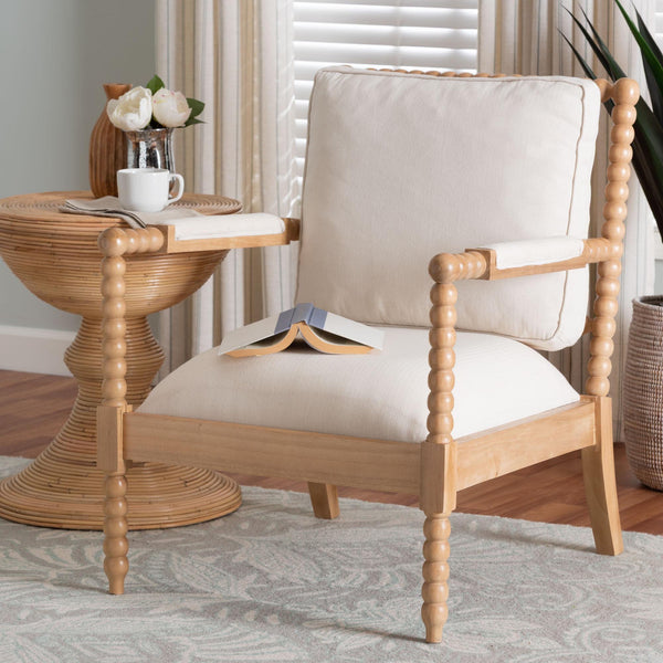 Bali & Pari Gracie Solid Acacia Bobbin Spindle Accent Chair with Upholstered Arms