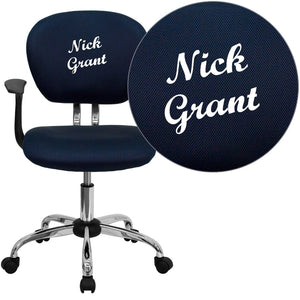 English Elm Beverly Personalized Mid-Back Mesh Swivel Task Chair with Chrome Base for Ultimate Comfort & Style Navy H-2376-F-NAVY-ARMS-TXTEMB-GG