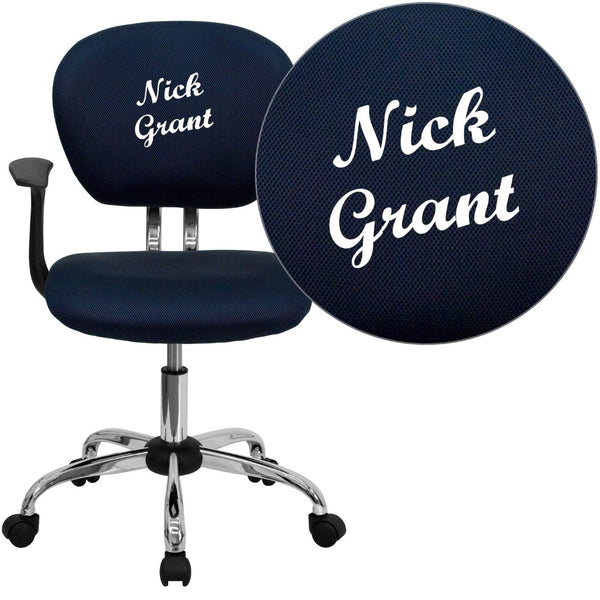 English Elm Beverly Personalized Mid-Back Mesh Swivel Task Chair with Chrome Base for Ultimate Comfort & Style Navy H-2376-F-NAVY-ARMS-TXTEMB-GG