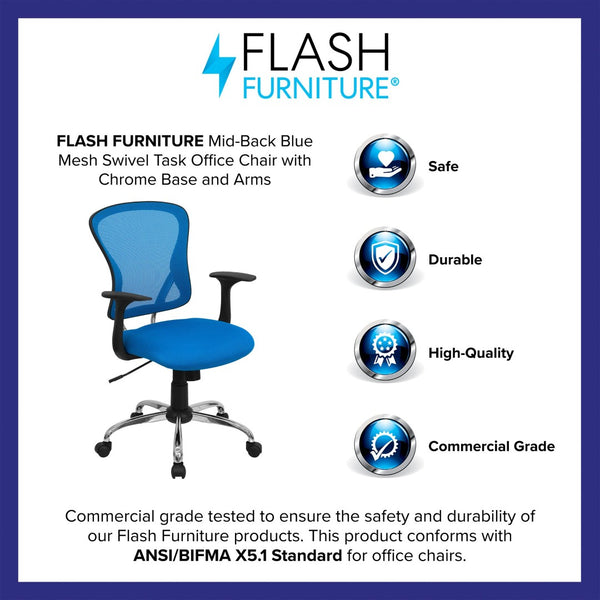 English Elm Alfred Mid-Back Mesh Swivel Office Chair with Chrome Base and Ergonomic Comfort for Productivity Blue H-8369F-BL-GG
