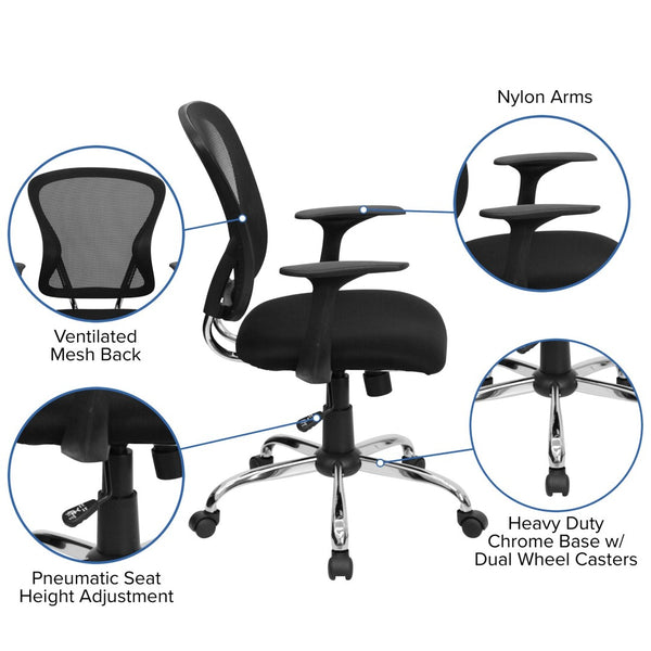 English Elm Alfred Mid-Back Mesh Swivel Office Chair with Chrome Base and Ergonomic Comfort for Productivity Black H-8369F-BLK-GG