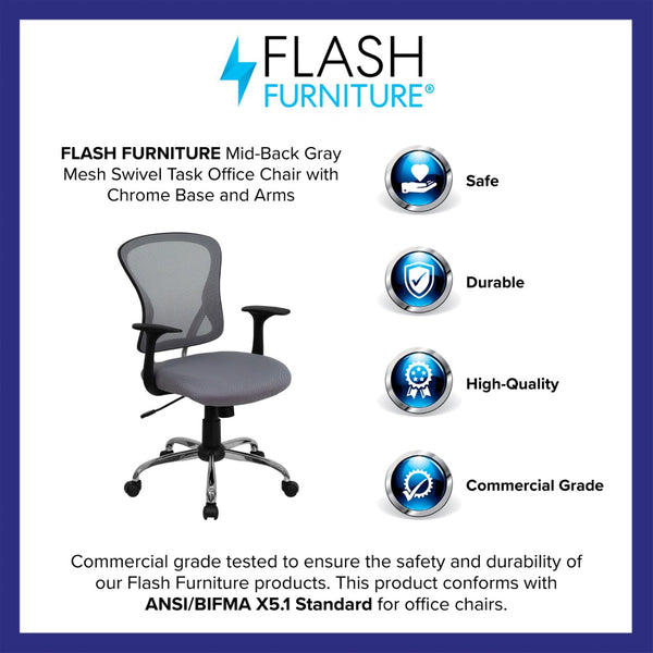 English Elm Alfred Mid-Back Mesh Swivel Office Chair with Chrome Base and Ergonomic Comfort for Productivity Gray H-8369F-GY-GG
