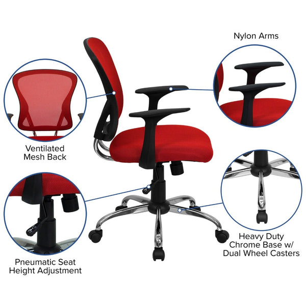 English Elm Alfred Mid-Back Mesh Swivel Office Chair with Chrome Base and Ergonomic Comfort for Productivity Red H-8369F-RED-GG