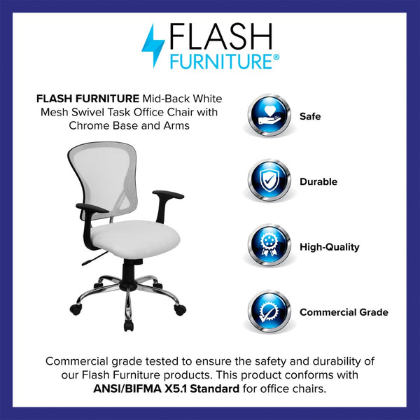 English Elm Alfred Mid-Back Mesh Swivel Office Chair with Chrome Base and Ergonomic Comfort for Productivity White H-8369F-WHT-GG