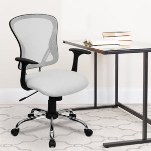 English Elm Alfred Mid-Back Mesh Swivel Office Chair with Chrome Base and Ergonomic Comfort for Productivity White H-8369F-WHT-GG