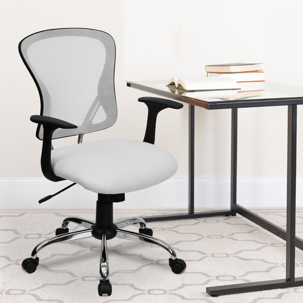 English Elm Alfred Mid-Back Mesh Swivel Office Chair with Chrome Base and Ergonomic Comfort for Productivity White H-8369F-WHT-GG