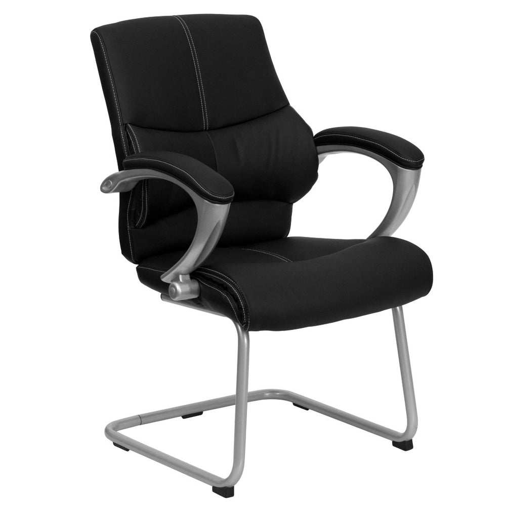 English Elm Tristan Black LeatherSoft Executive Side Chair - Stylish Comfort with Silver Sled Base for Offices H-9637L-3-SIDE-GG