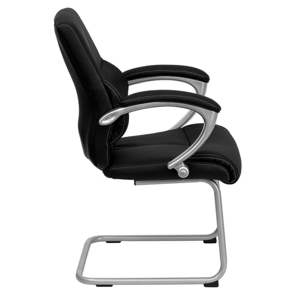English Elm Tristan Black LeatherSoft Executive Side Chair - Stylish Comfort with Silver Sled Base for Offices H-9637L-3-SIDE-GG